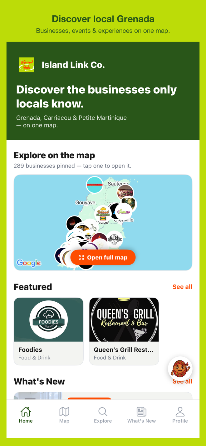 Discover. Connect. Experience Grenada — Island Link home screen